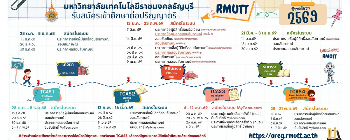 กำหนดการรับสมัครนักศึกษาใหม่ ปีการศึกษา 2569 มทร.ธัญบุรี
